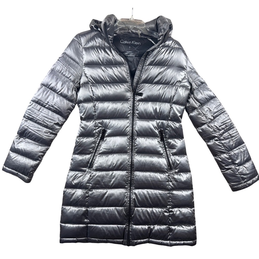 Calvin Klein Womens Packable Lightweight Premium Down Puffer Coat Silver Small